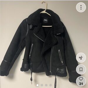 Zara Black Shearling-Lined Leather Jacket